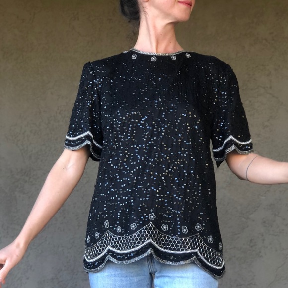 Bling is the New Normal! vintage silk bead& sequin top - Picture 4 of 11